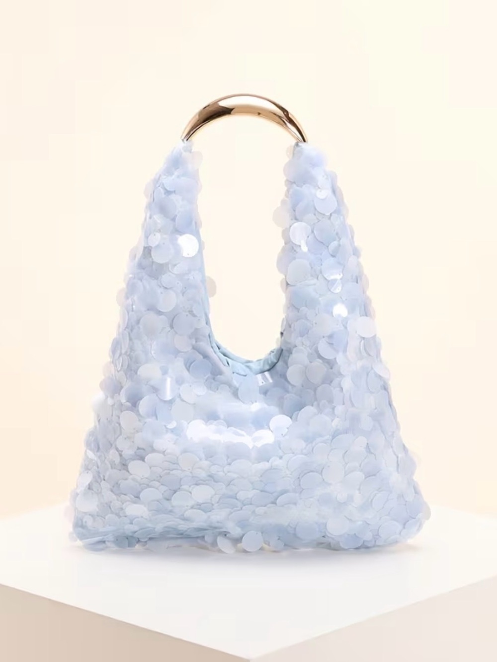 Light Blue Sequin Hobo Bag with Gold Handle